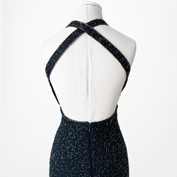 Vintage Black Cutout Beaded Silk Side Slit Maxi Bodycon Formal Dress Size XS/S - Picture 8 of 8